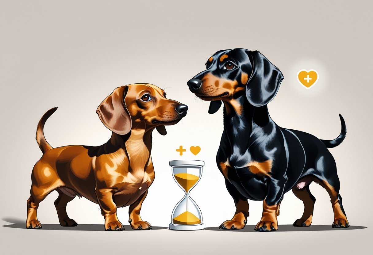 A side-by-side comparison of a miniature dachshund and a standard dachshund standing on a neutral background, highlighting their size and body differences.