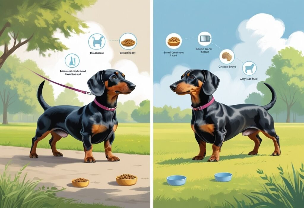 miniature vs standard dachshund
Two dachshunds side by side, one miniature and one standard, shown with different exercise activities and care items around them.