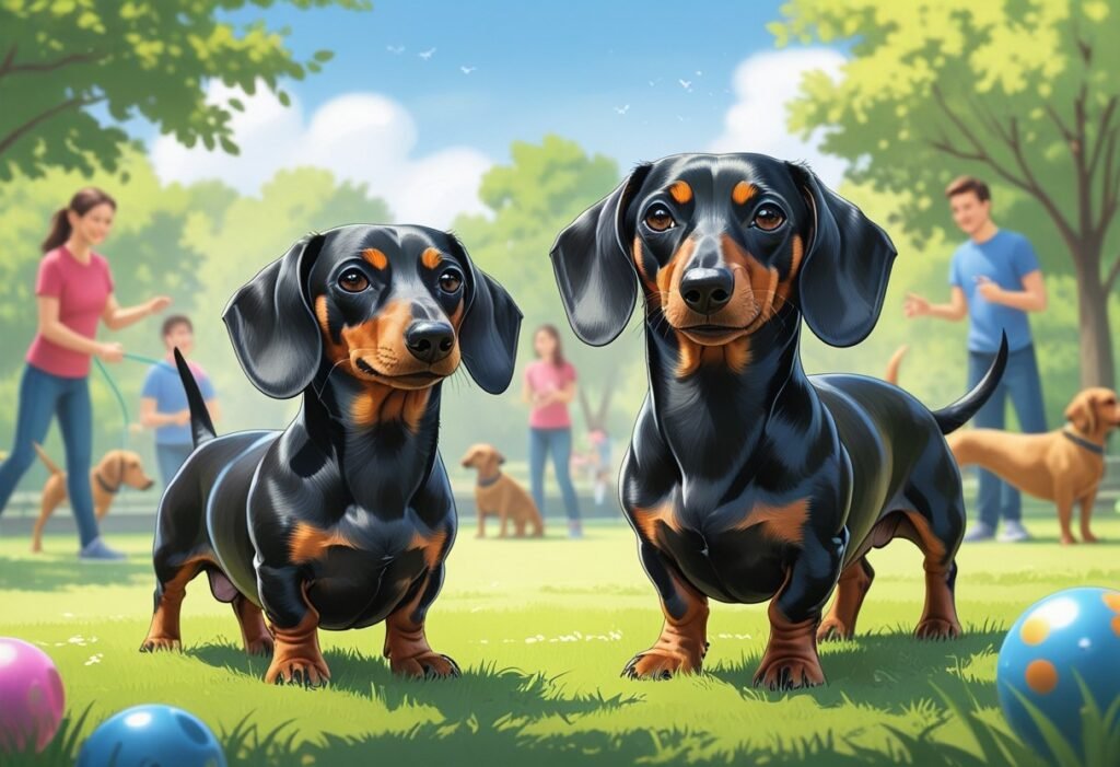 Two dachshunds, one miniature and one standard size, in a park setting being gently trained and socialized with people and other dogs nearby.