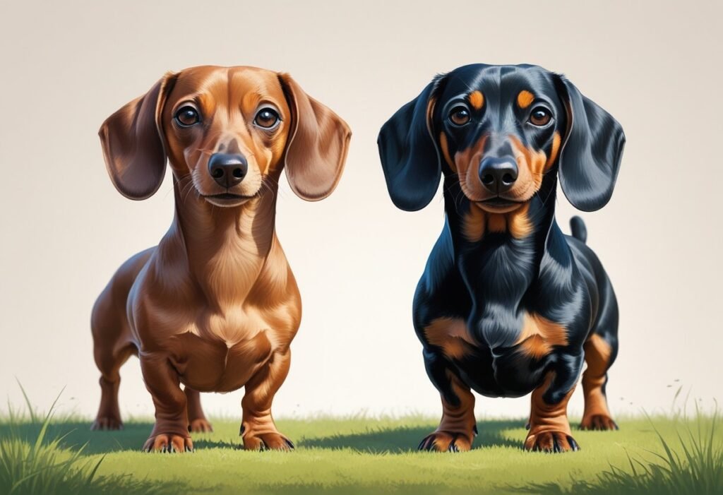Two dachshunds standing side by side on grass, one smaller and one larger, showing the size difference between a miniature and a standard dachshund.
