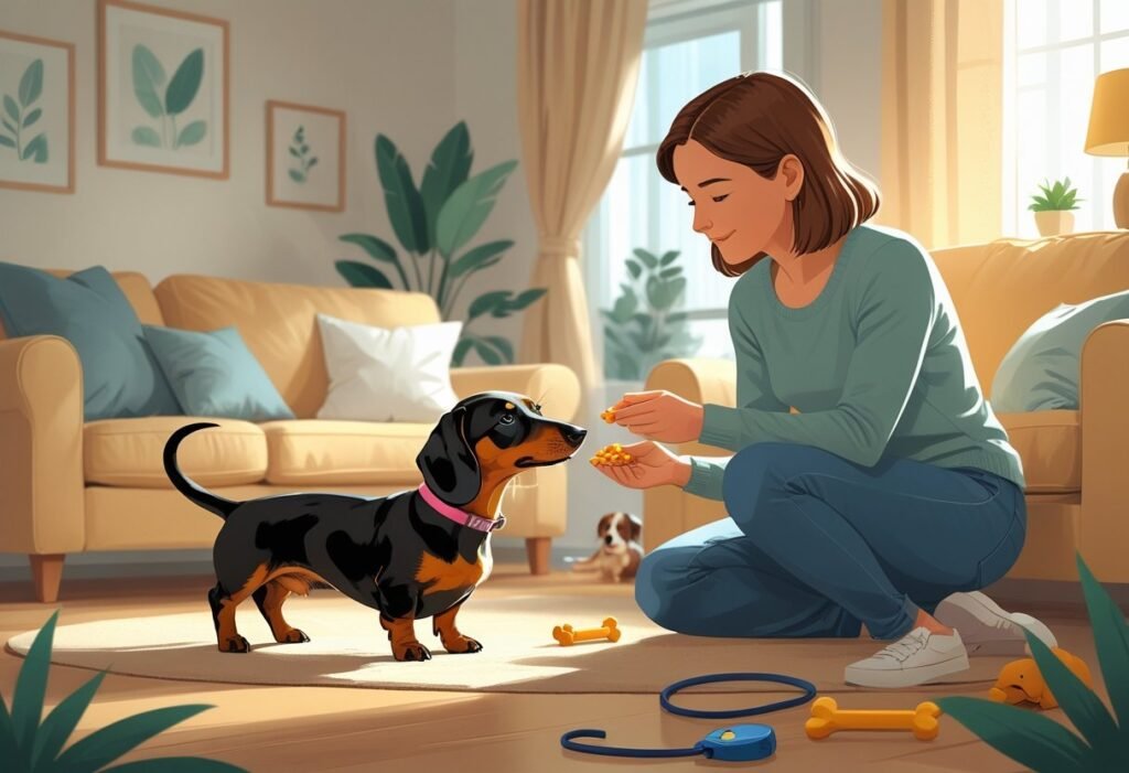 A dachshund dog with a tense posture being gently approached by an adult offering a treat in a cozy living room, with a child watching calmly nearby.