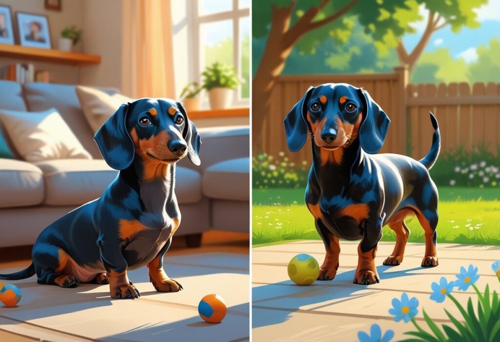 Two dachshunds, a smaller miniature and a larger standard, each with a child in a home and backyard setting, showing their friendly interaction and family suitability.