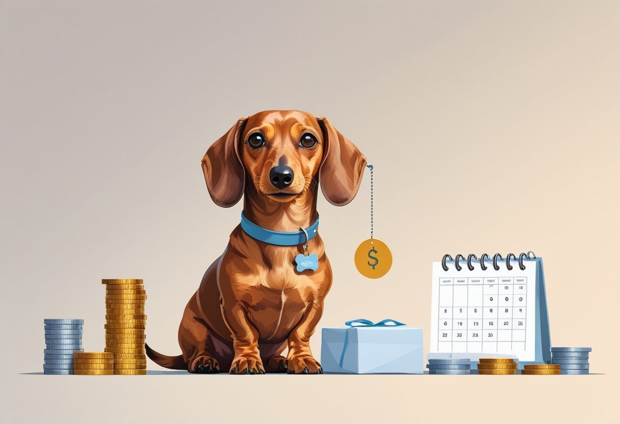 A dachshund sitting next to coins, a price tag, and a calendar, representing the cost of owning the dog.