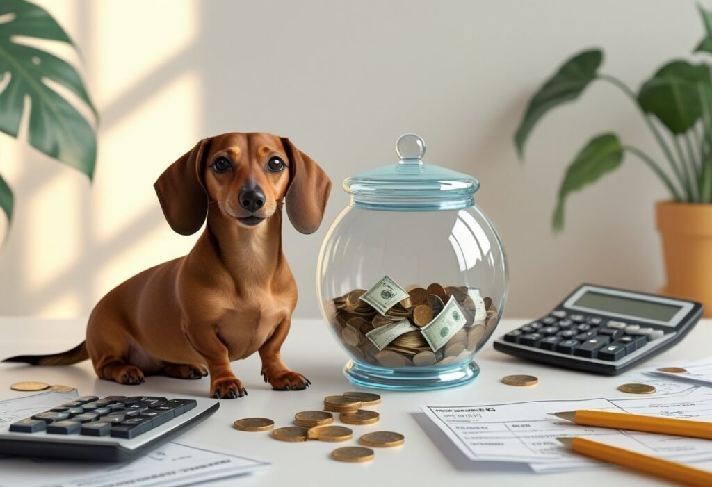 how much does a dachshund cost - A dachshund sitting next to a piggy bank, calculator, and budget notes, representing saving money and budgeting for a pet.