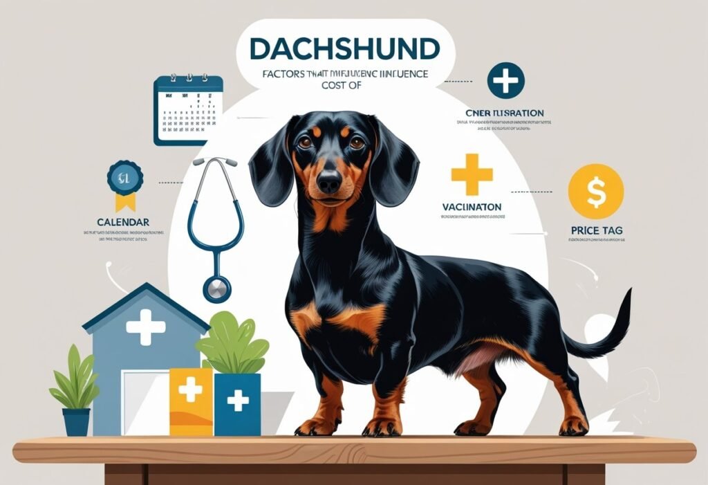 A dachshund standing on a table surrounded by icons representing age, pedigree, health, breeding environment, and price factors.