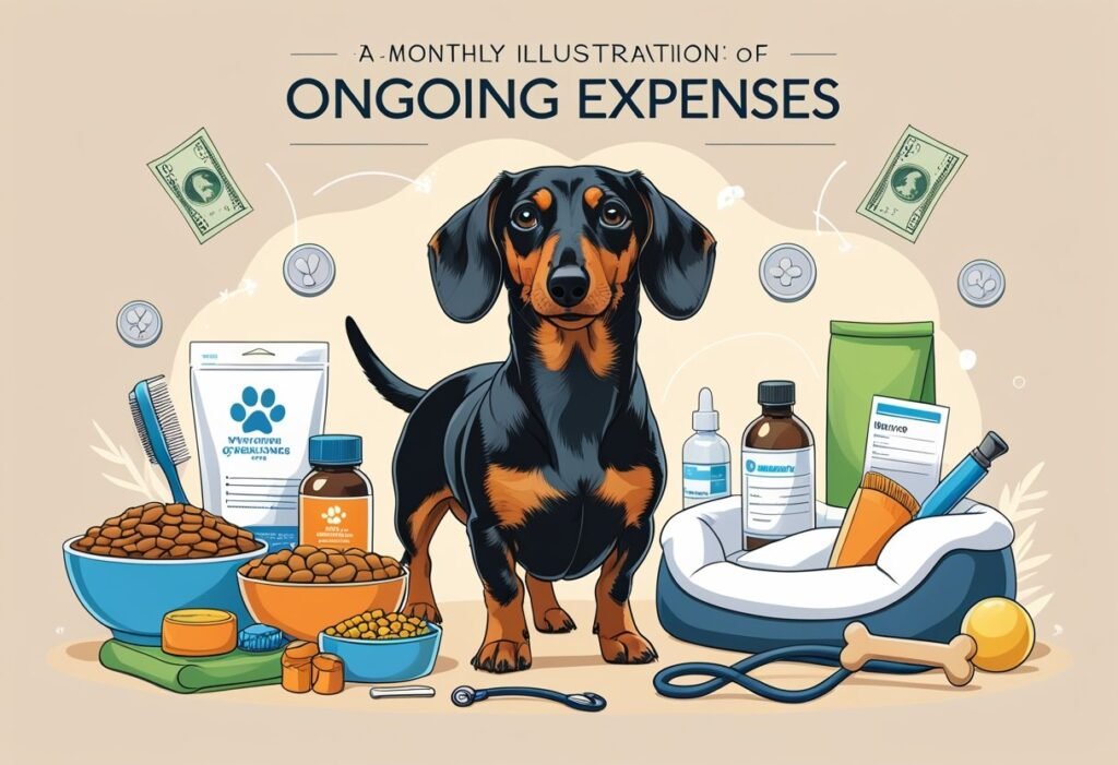 A dachshund surrounded by dog food, grooming tools, veterinary items, a dog bed, leash, and toys representing the costs of owning a dachshund.