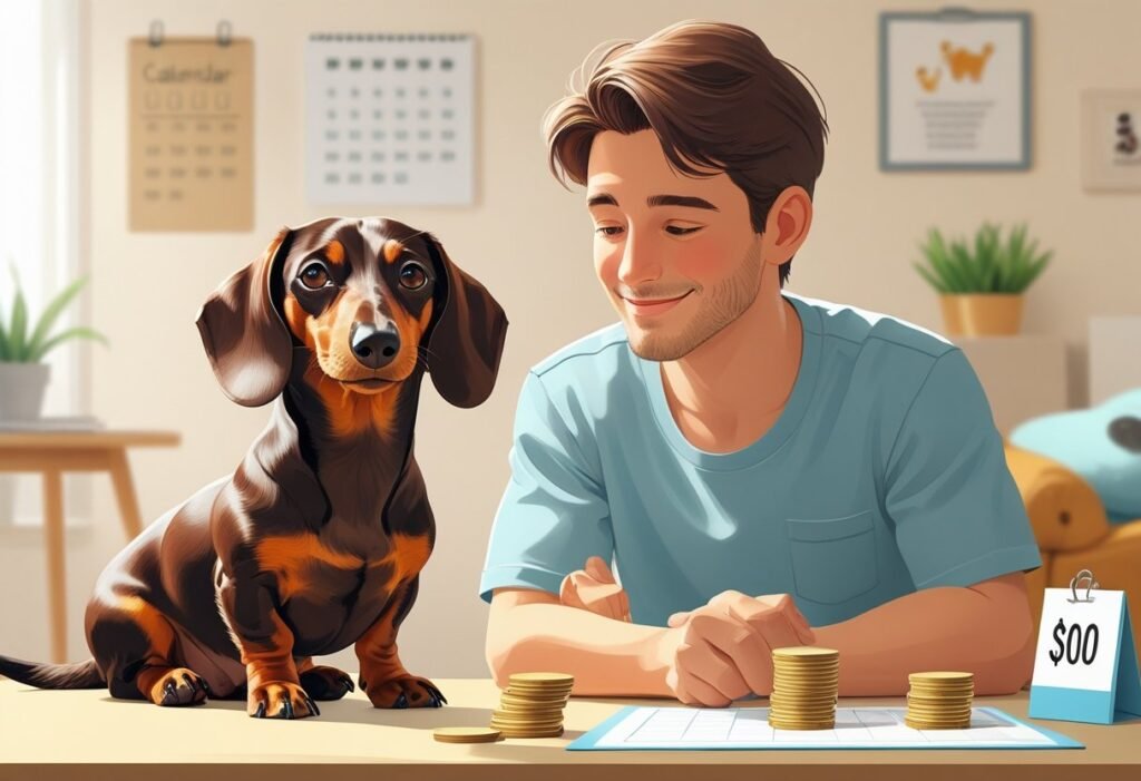 A dachshund sitting next to a person who is looking at coins and a price tag on a table in a cozy room.