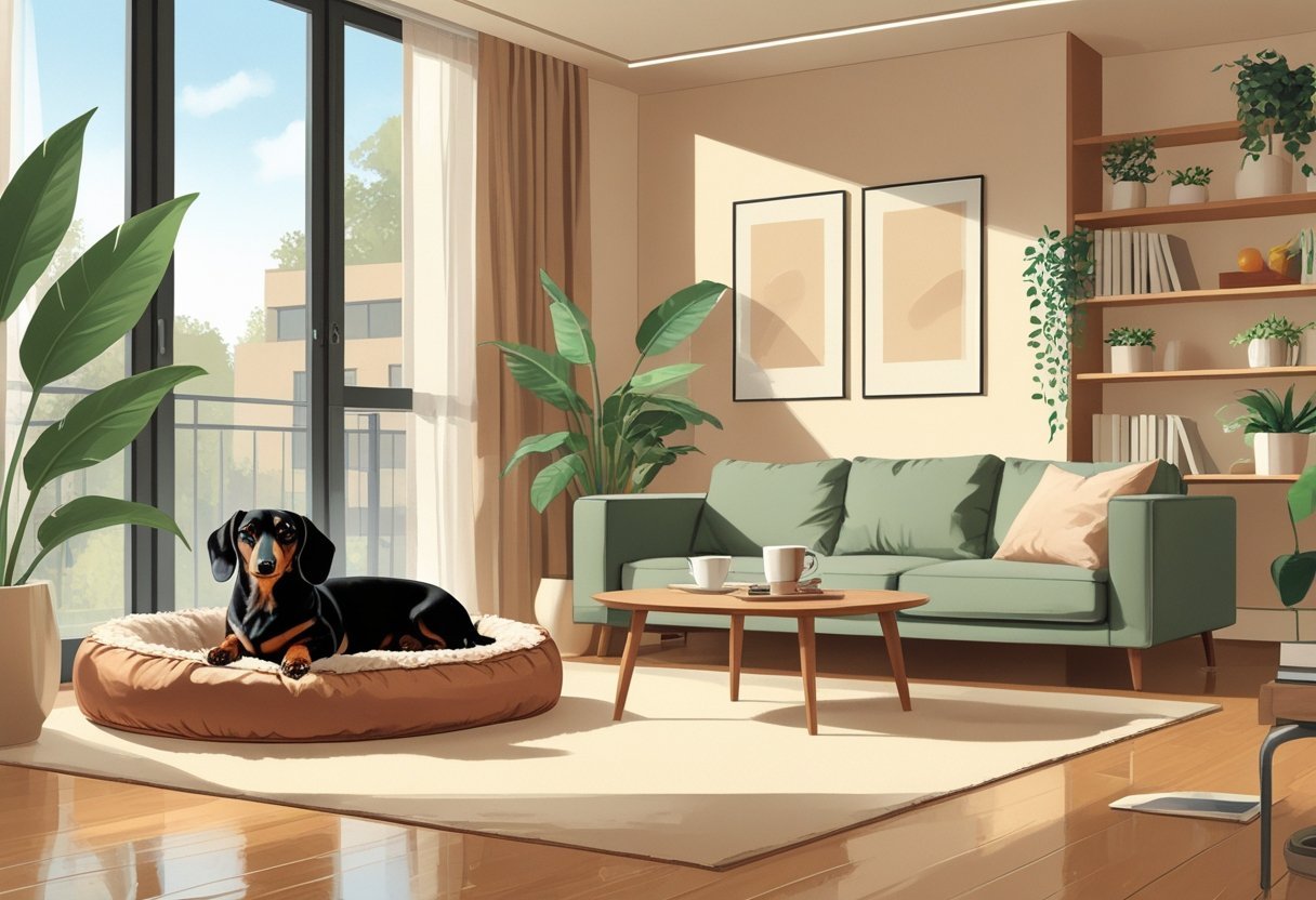 A dachshund resting on a dog bed in a cozy, modern apartment living room with plants and furniture.