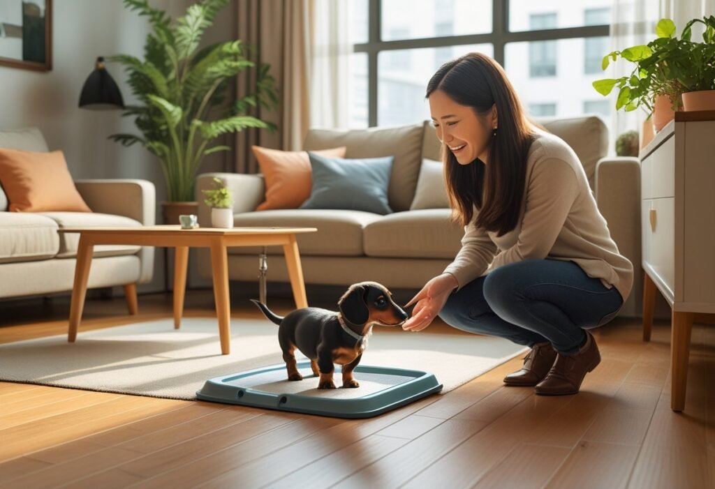 A dachshund puppy next to a potty training pad in a bright apartment living room with a person encouraging it.