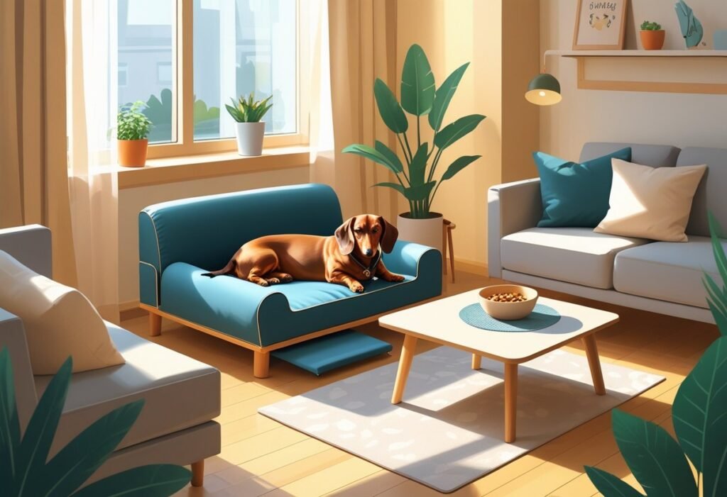 A cozy apartment living room arranged with a dog bed, ramp, toys, and water bowl for a dachshund resting comfortably inside.