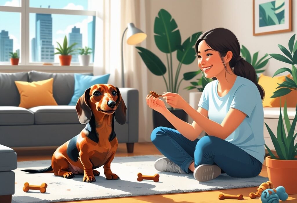 A dachshund calmly sitting on a rug in an apartment living room with a person offering a treat, surrounded by furniture and plants.
