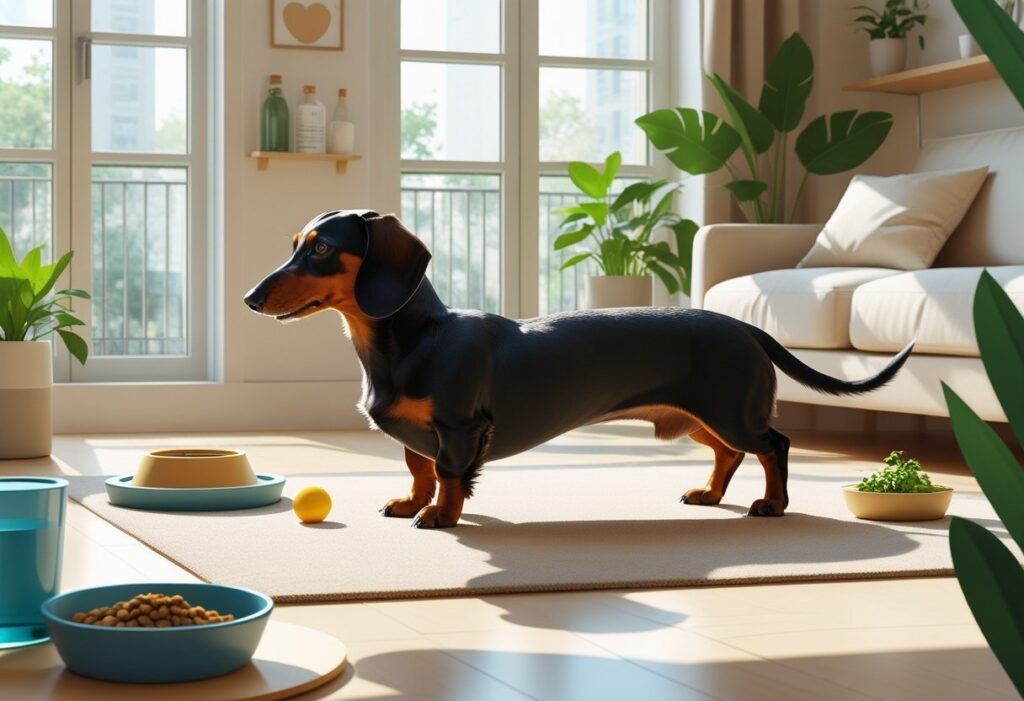 A dachshund in a bright apartment playing with a toy near a water bowl and dog bed, surrounded by plants and dog care items.