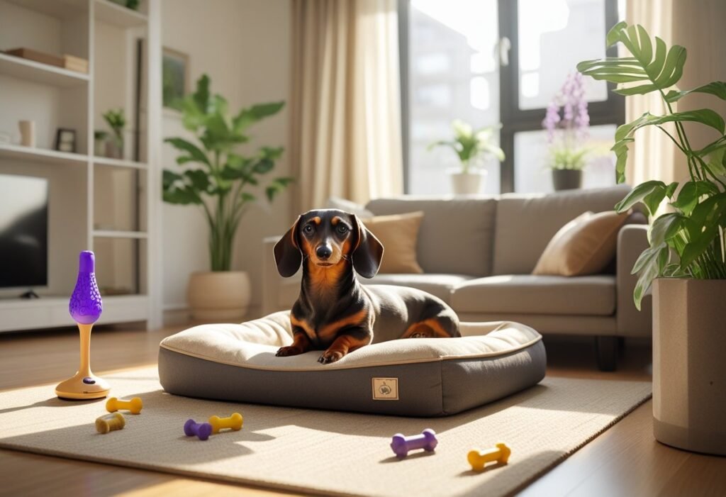 A dachshund resting on a dog bed in a bright apartment living room with toys and calming items nearby.