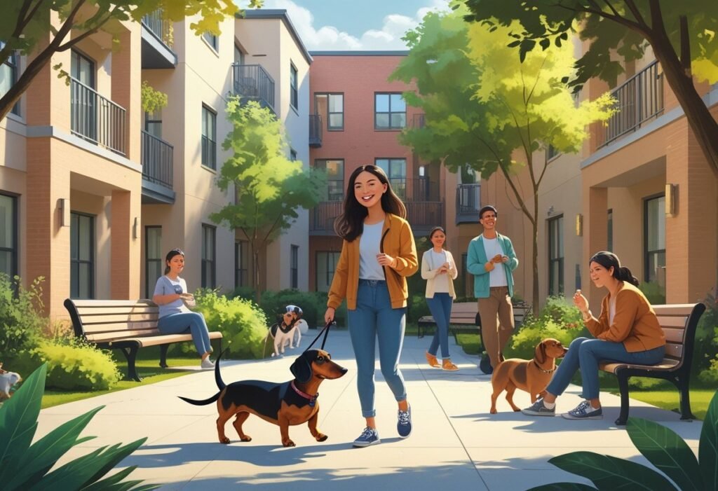 A dachshund on a leash with a woman in an apartment courtyard where people and pets are interacting.