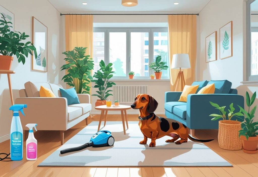 A dachshund sitting happily in a clean, tidy apartment living room with sunlight coming through large windows and cleaning supplies nearby.