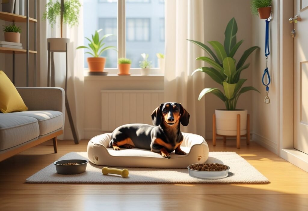 A dachshund resting on a dog bed in a bright and cozy apartment living room with pet accessories nearby.
