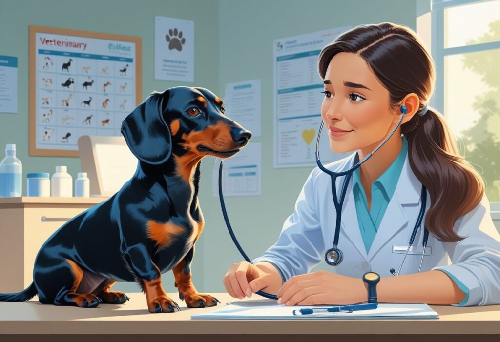 A dachshund showing aggressive behavior being examined by a veterinarian while the owner watches in a veterinary clinic.