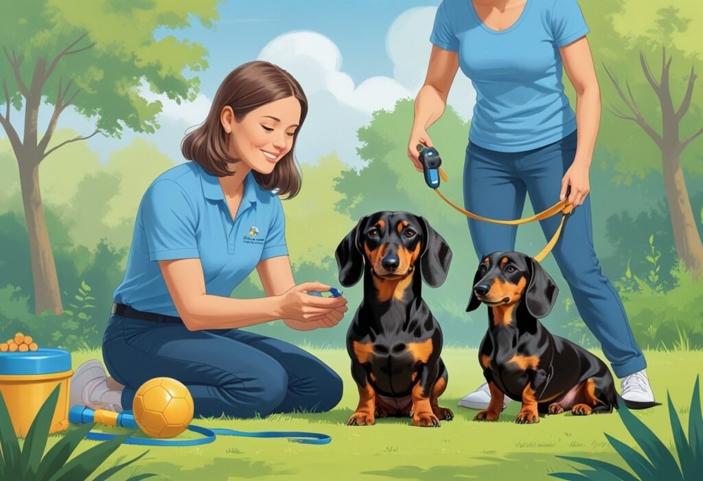 A calm dachshund sitting beside a dog trainer in a park, with training tools and a family watching nearby, showing a peaceful training session.