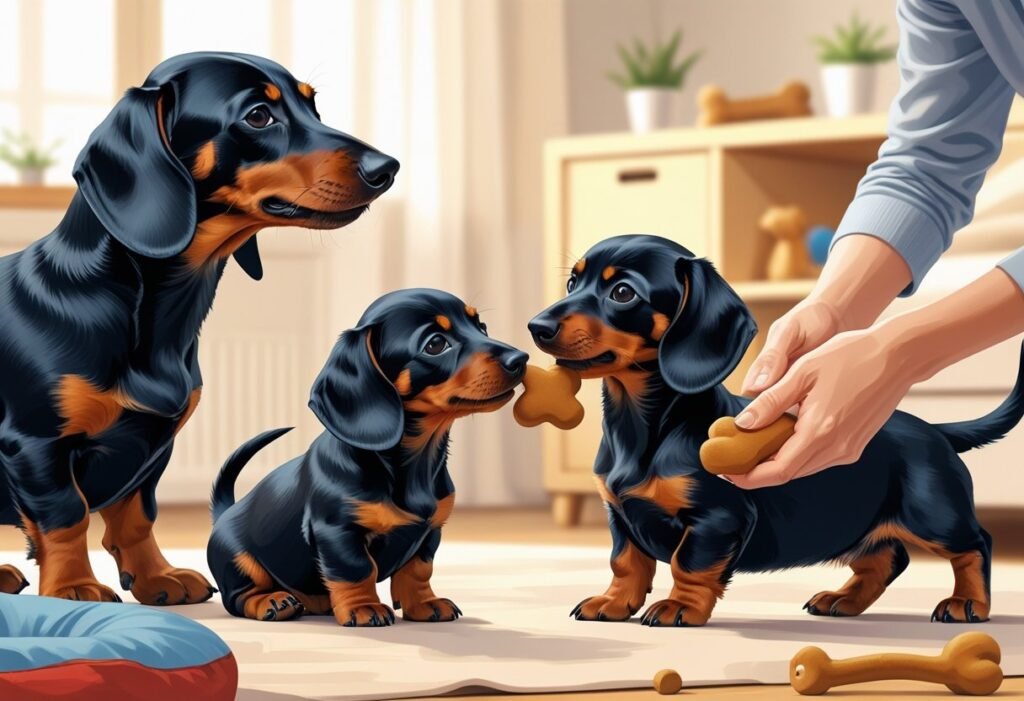 Two dachshund puppies playing calmly with an adult dachshund and a person offering treats and toys in a cozy indoor setting.