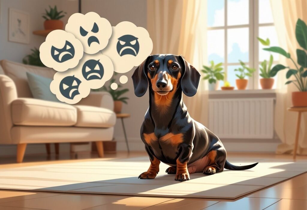A calm dachshund sitting peacefully in a cozy living room with soft sunlight, surrounded by faint symbols representing myths about aggression.