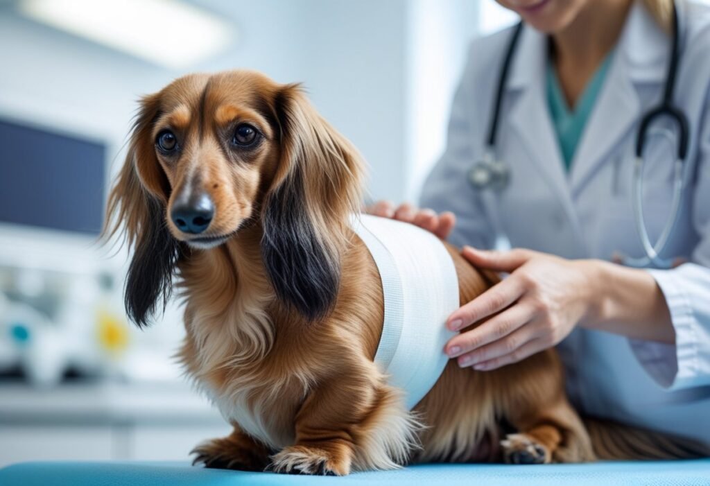 Veterinarian examining a Dachshund with a surgical bandage during a back surgery recovery check-up.