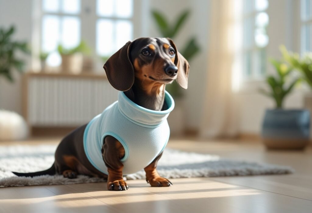 Dachshund wearing a soft recovery onesie or cone collar sitting peacefully indoors post-surgery.