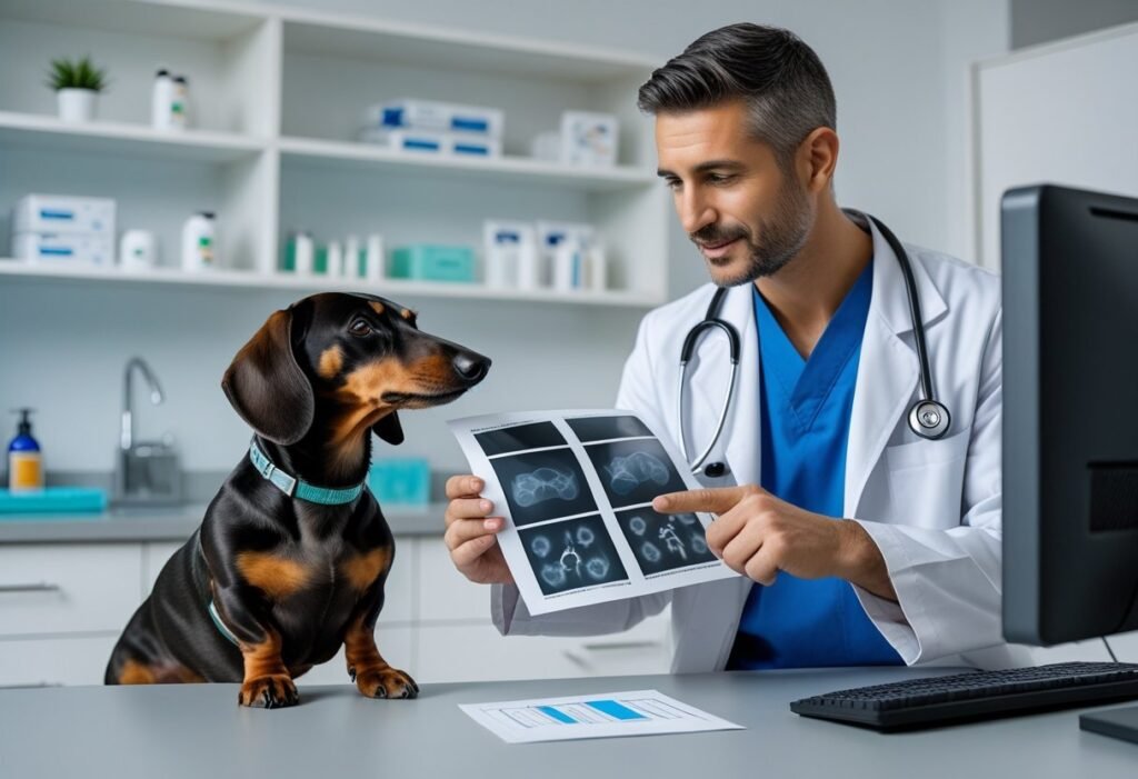 Vet showing a Dachshund’s X-ray to owner while discussing post-back surgery recovery plan.