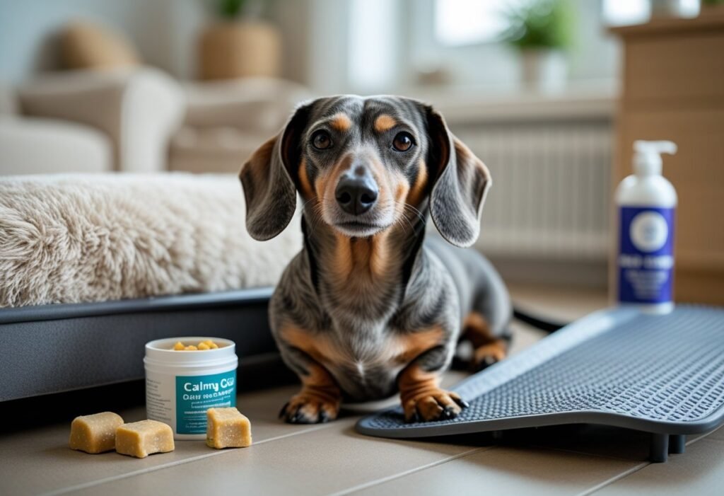 Senior Dachshund with back surgery recovery items like chews, ramp, and orthopedic support gear.