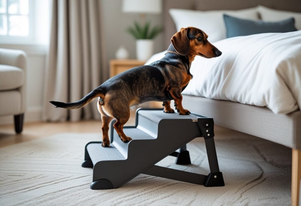 Dachshund using pet stairs to safely climb onto furniture after back surgery recovery.