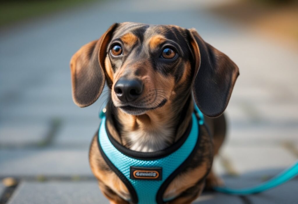 Close-up of a Dachshund wearing a no-pull harness during leash training outdoors.