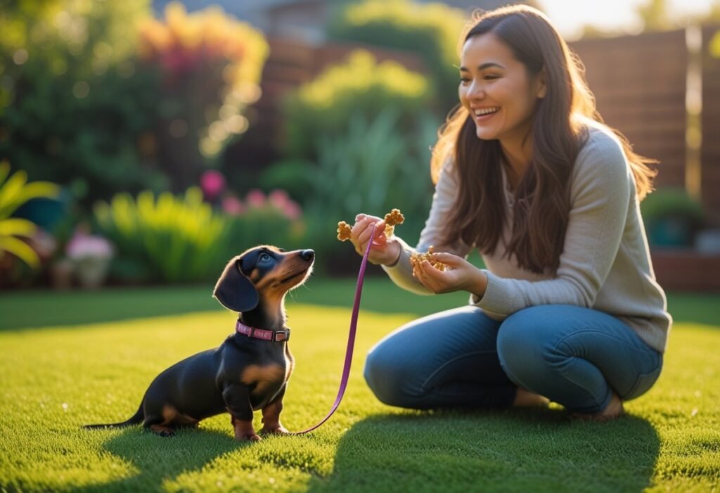Leash training Dachshund puppy with treats in a backyard on a sunny day.