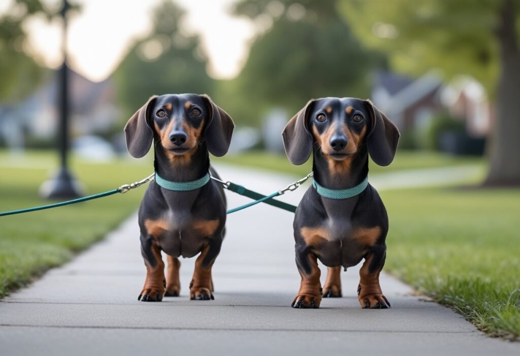 Two Dachshunds walking side-by-side on loose leashes during leash training at the park.