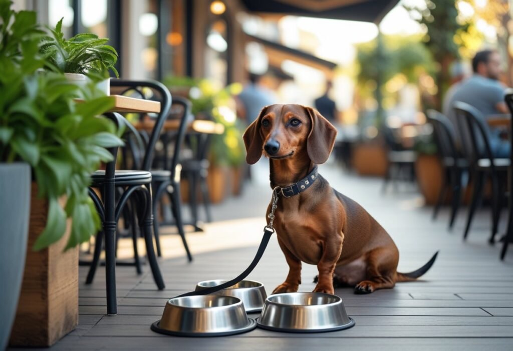 Leashed Dachshund sitting calmly at an outdoor café during leash training practice.
