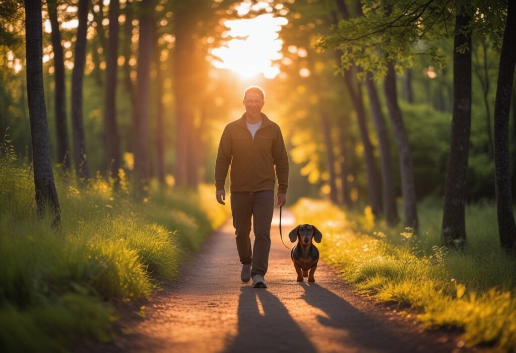 Owner walking Dachshund at sunset through the woods during calm leash training session.