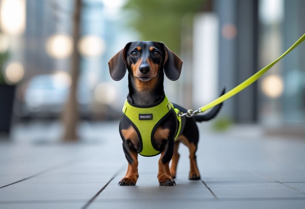 Confident Dachshund wearing a harness on a loose leash during leash training walk.