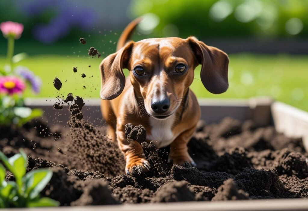Dachshund digging in flower bed in backyard garden