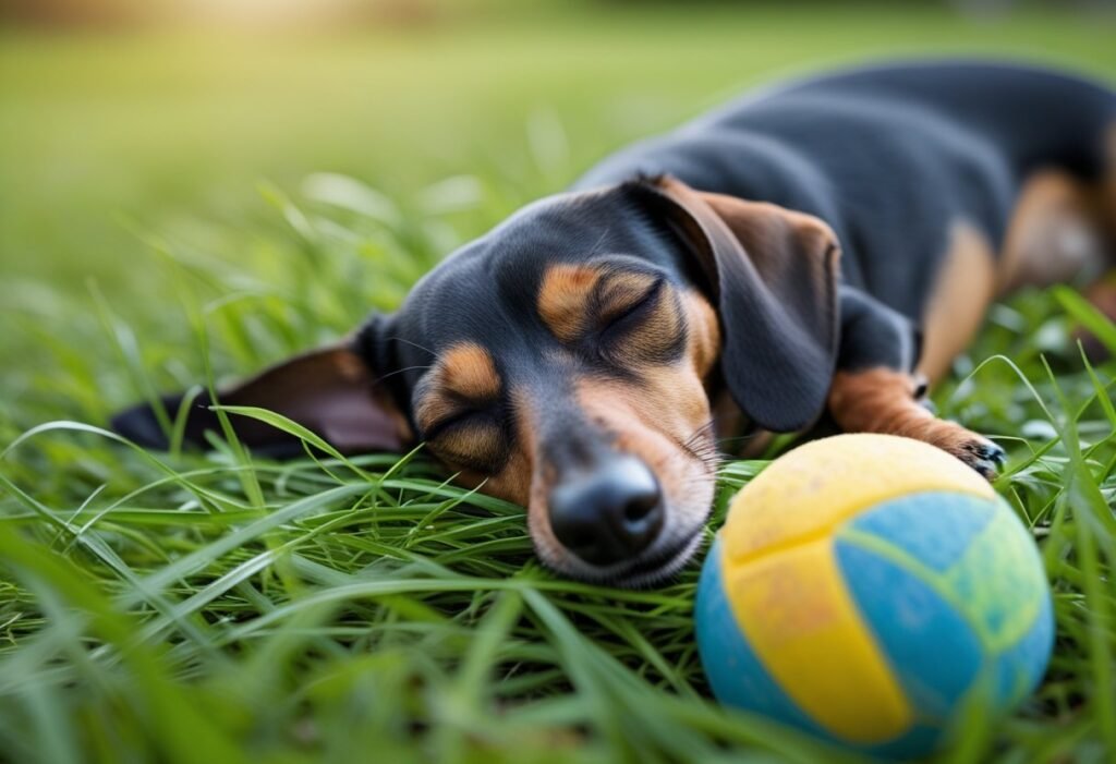 Tired Dachshund relaxing after outdoor play in yard