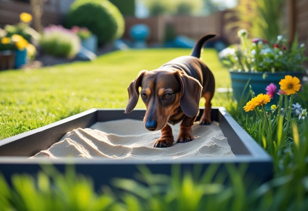 Dachshund playing in a designated backyard digging box