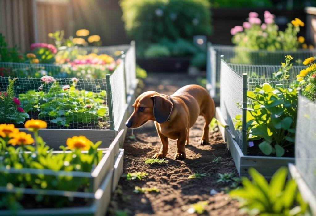 Garden protected from Dachshund digging with wire fencing