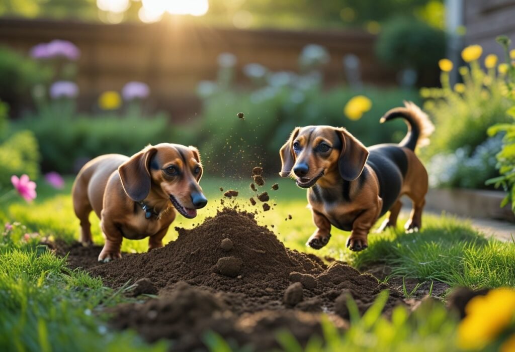 Dachshund digging while another plays in backyard garden