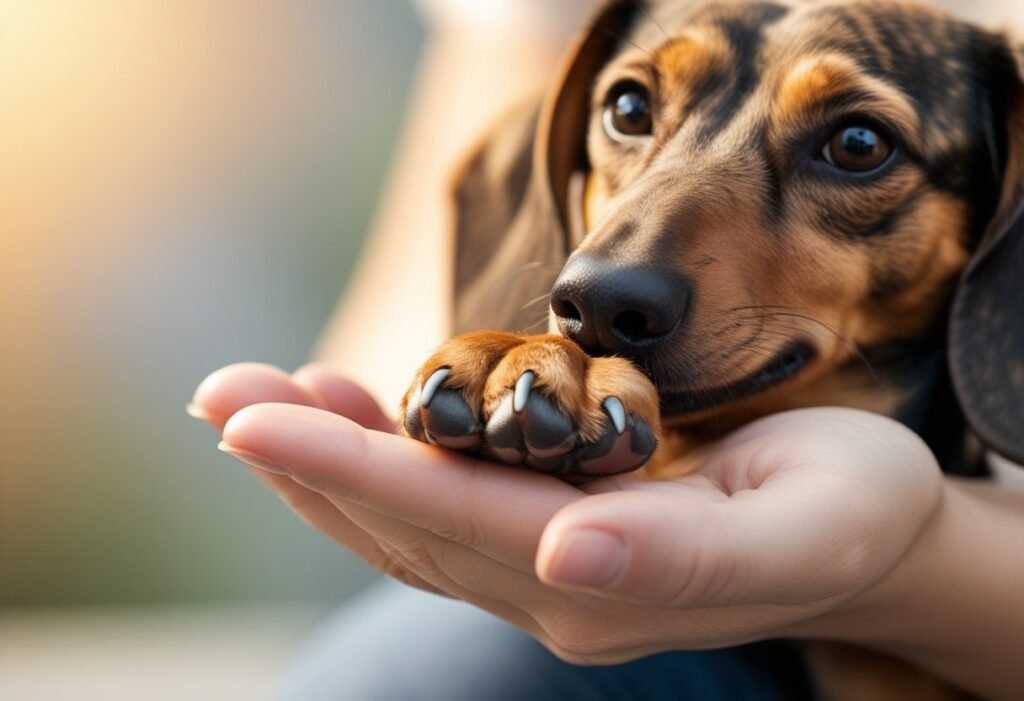 Close-up of Dachshund paw during gentle nail trimming session