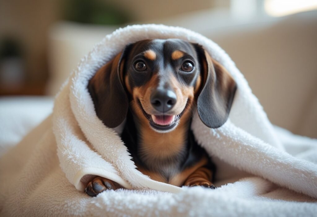 Relaxed Dachshund wrapped in towel after nail trimming
