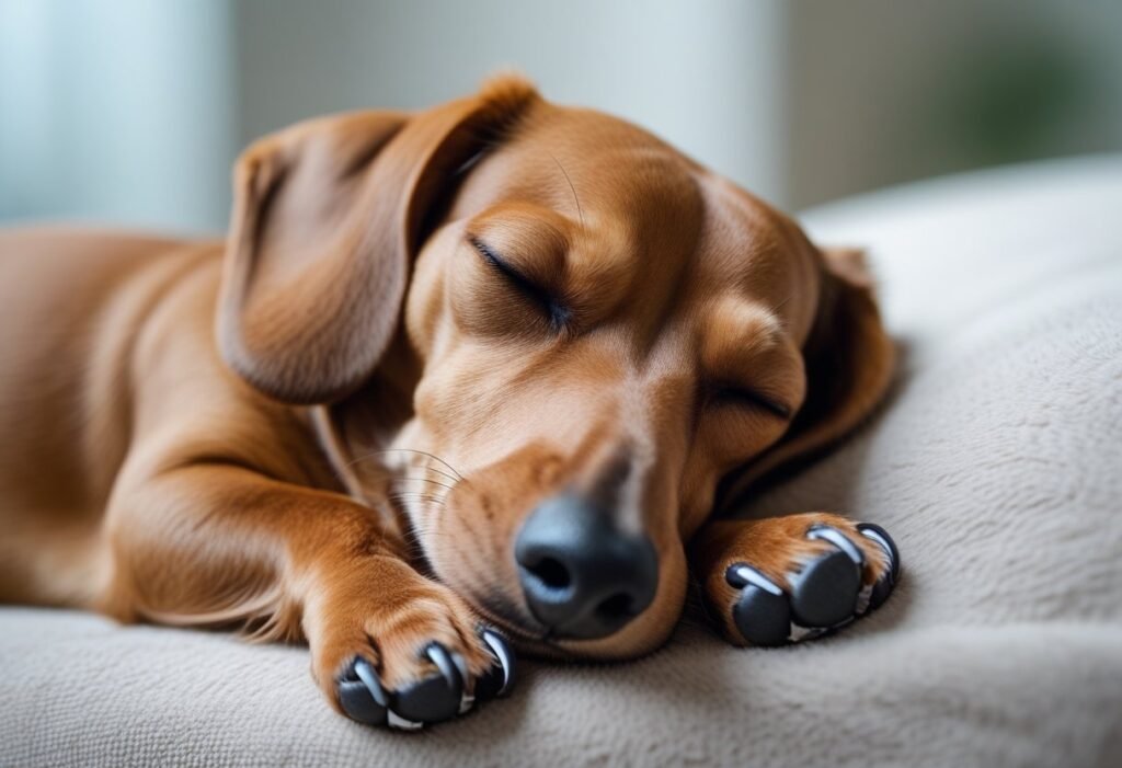 Dachshund resting calmly after home nail trimming session
