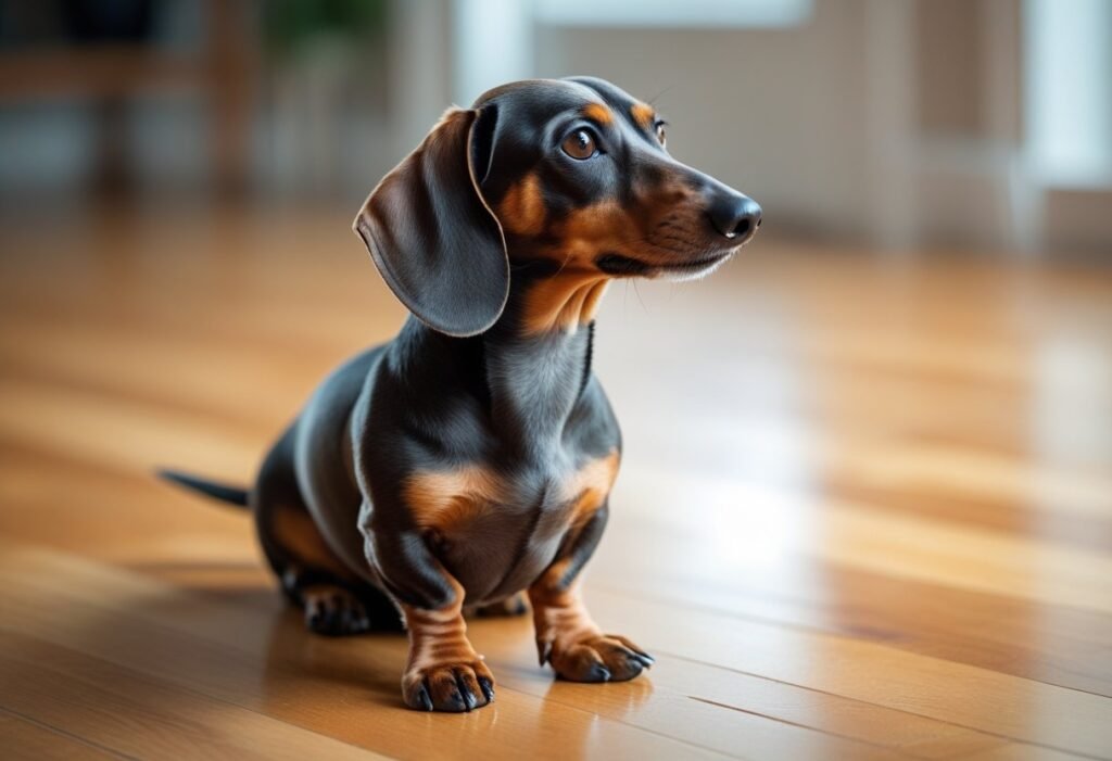 Confident Dachshund with freshly trimmed nails indoors