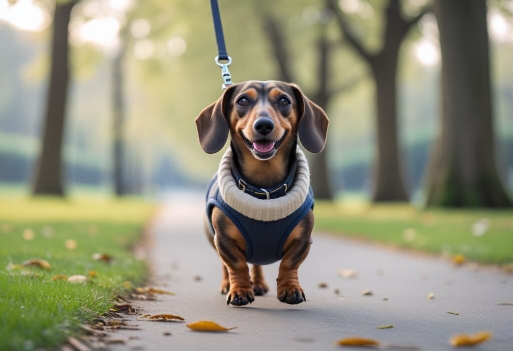 Older Dachshund walking in the park with a harness and short leash