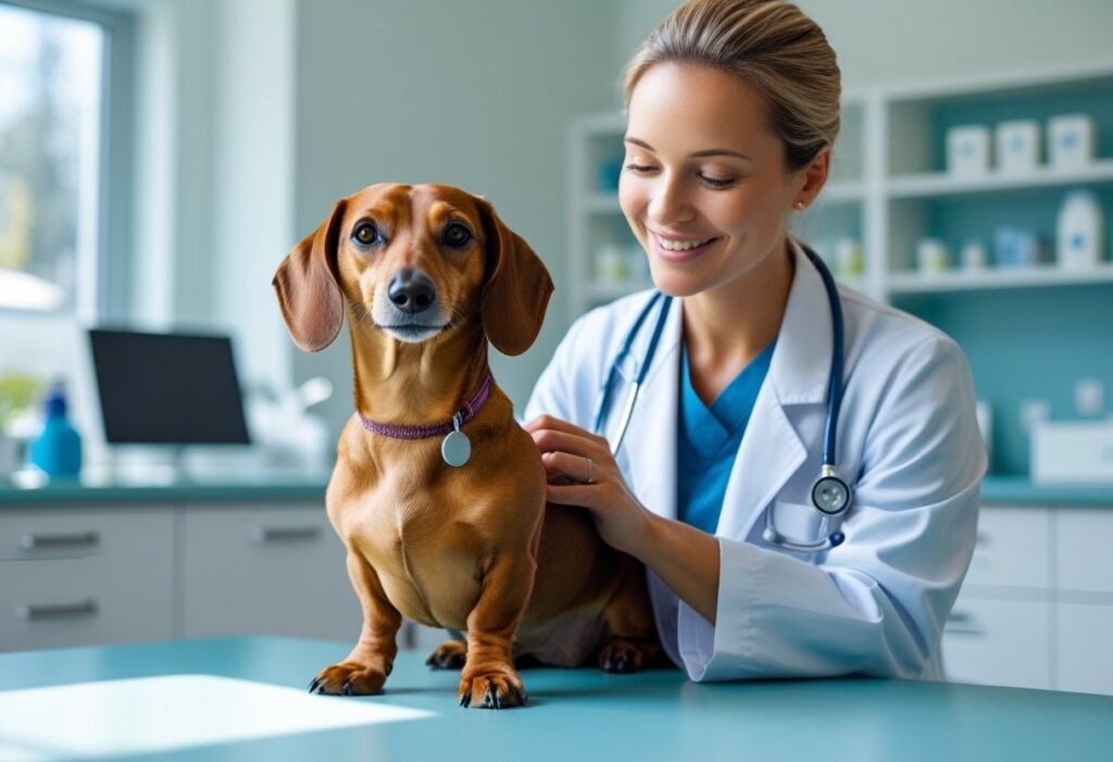 Vet examining a senior Dachshund during a health checkup
