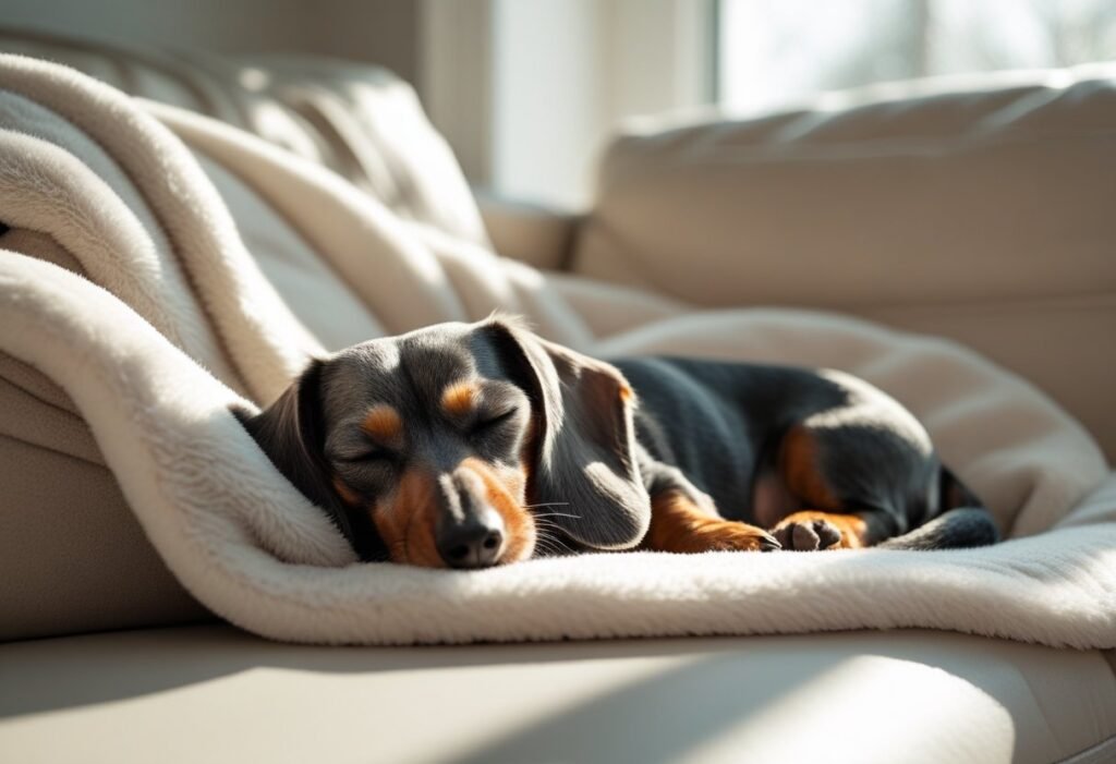 Senior Dachshund sleeping under a blanket on a comfy dog couch