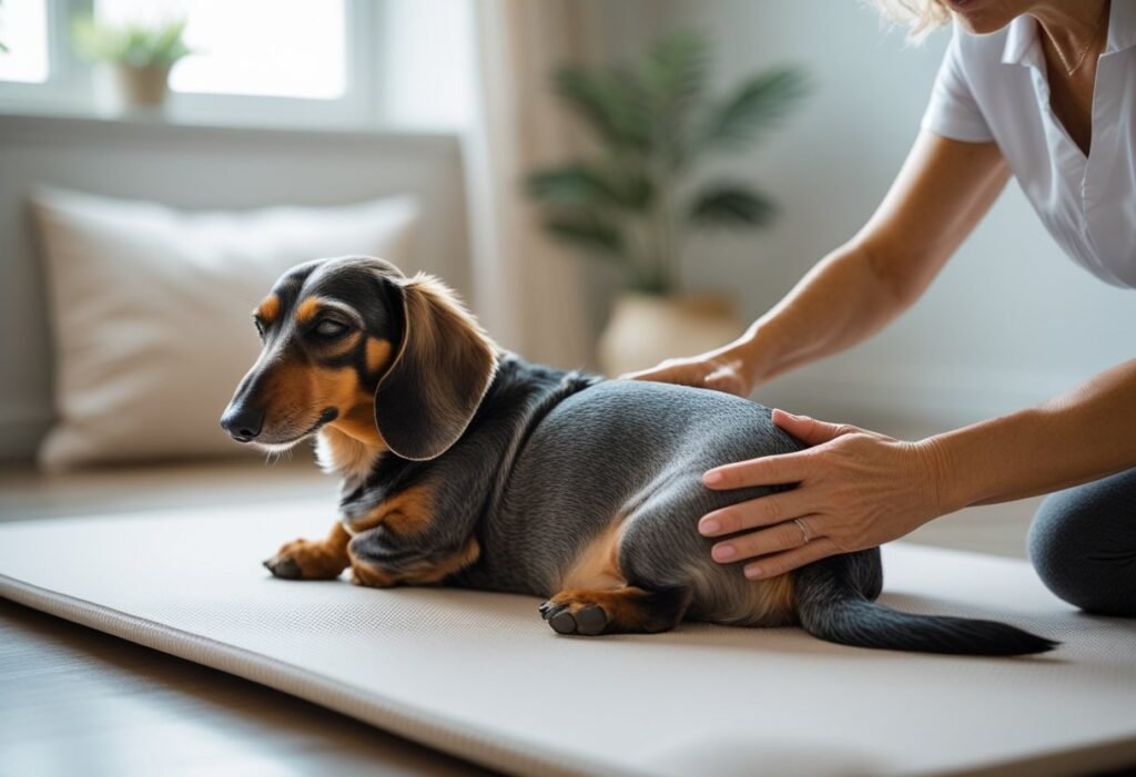 Senior Dachshund receiving a gentle massage on a yoga mat
