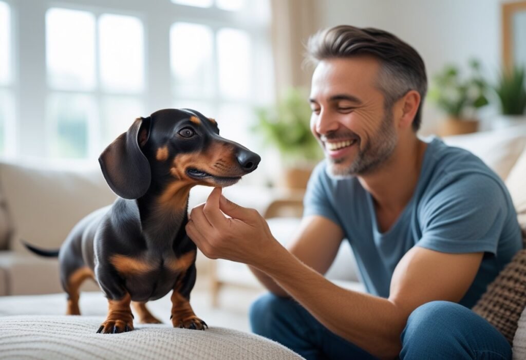 Adult Dachshund nipping while playing with human companion