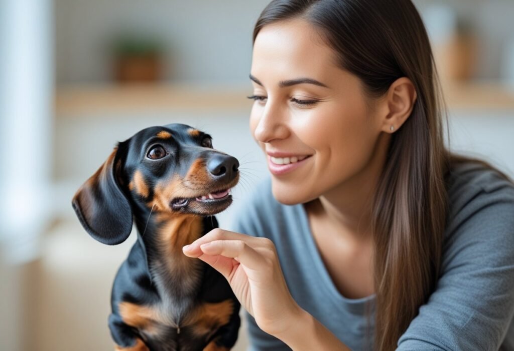 Owner correcting Dachshund nipping behavior at home